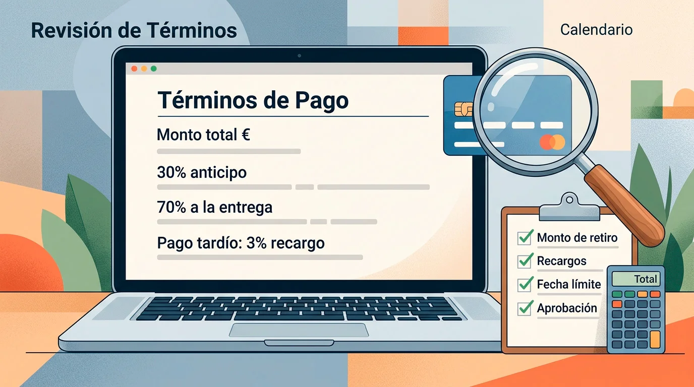 Pantalla con términos de pago y retirada revisados con una lupa