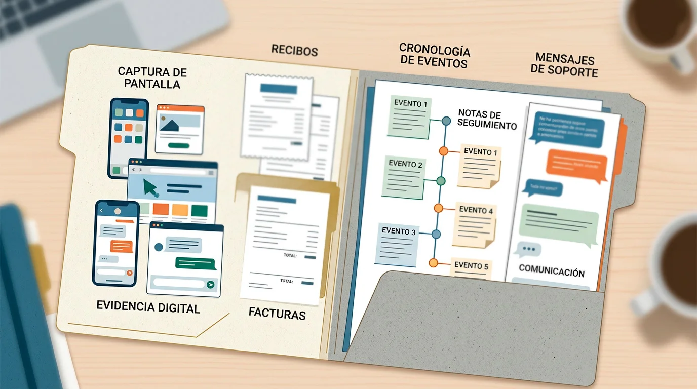 Carpeta ordenada con capturas, comprobantes y una línea temporal de reclamación