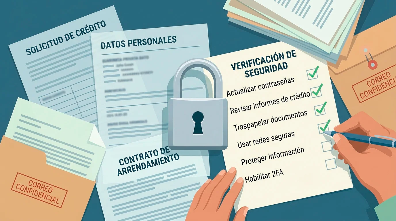 Documentos personales protegidos junto a un candado y una lista de riesgos de privacidad