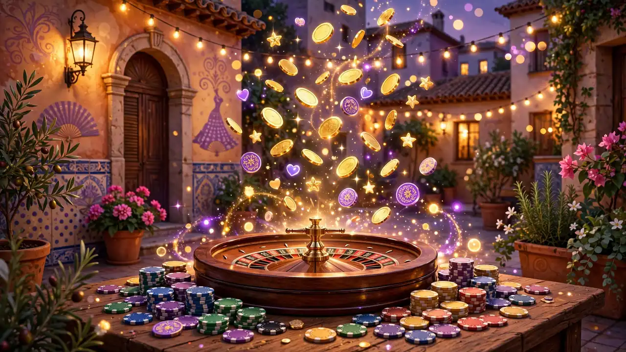 Ilustración festiva de monedas y fichas de casino flotando sobre una mesa de ruleta