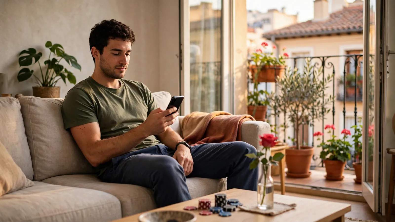 Adulto relajado en sofá con smartphone y fichas de casino en mesa, luz cálida mediterránea