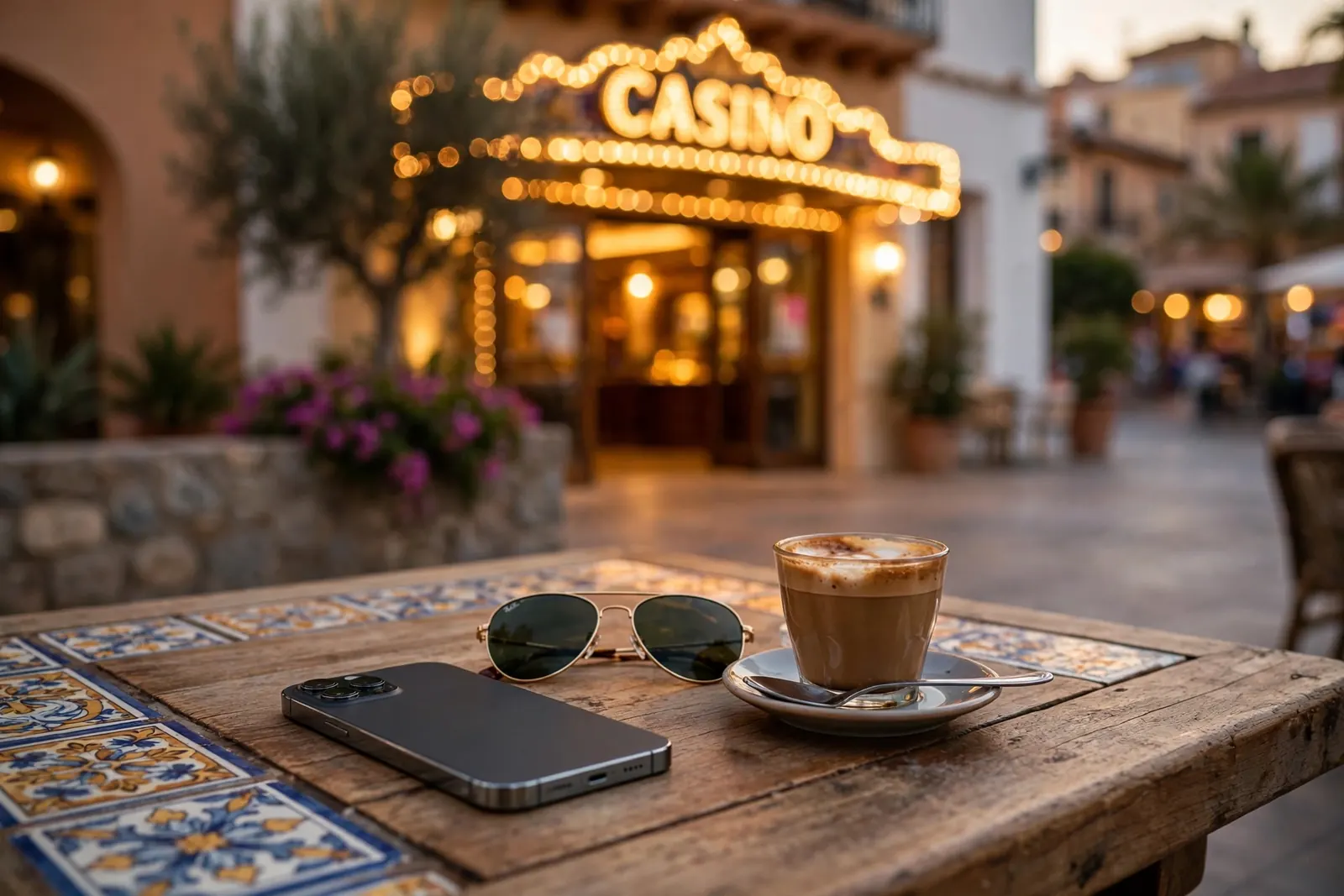 Móvil sobre mesa de cafetería española junto a casino iluminado al atardecer