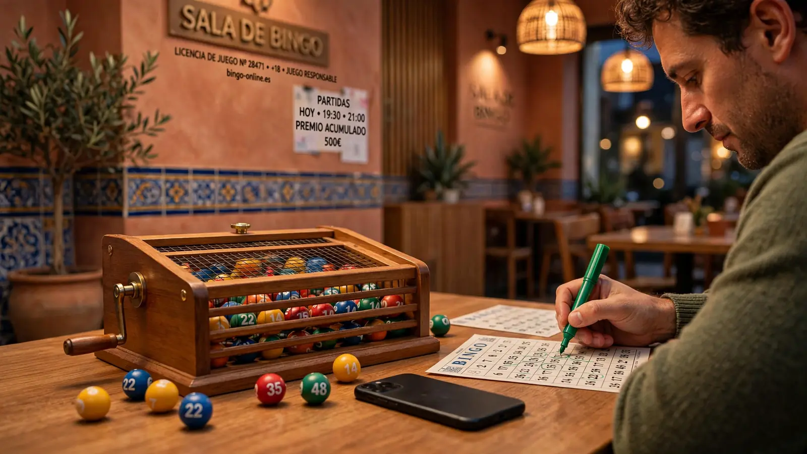 Mesa de bingo española con bombo de números y cartón de juego