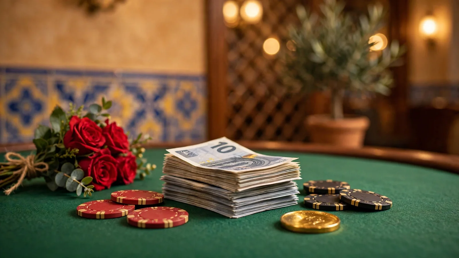 Mesa de casino con fichas, monedas doradas y un billete de 10 euros