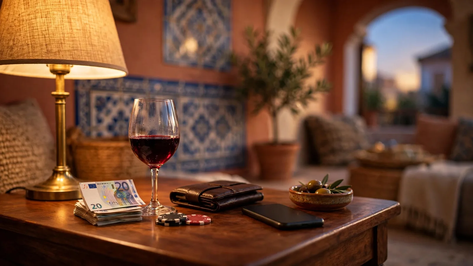 Mesa de noche española con billetes de 20 euros, fichas de casino y una copa de vino
