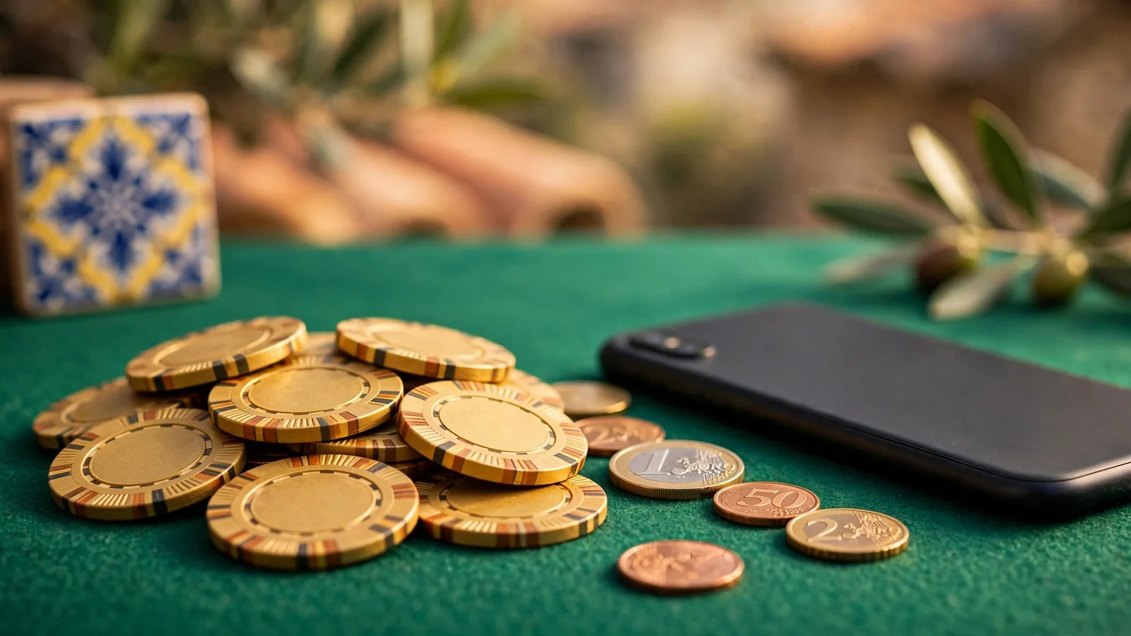 Fichas de casino doradas y monedas de euro sobre tapete verde, con un smartphone boca abajo y ambiente cálido de bienvenida.
