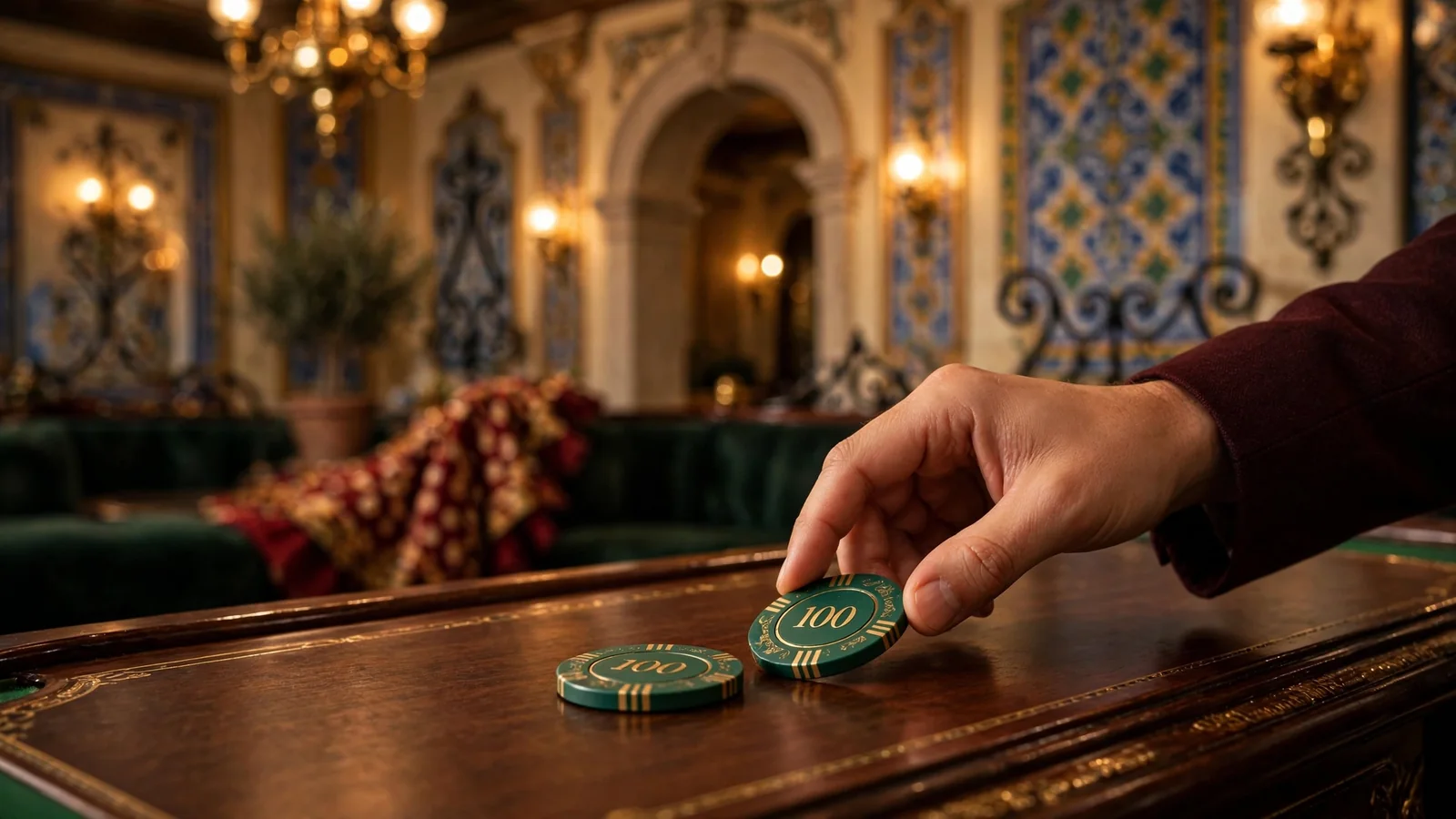 Mesa de casino elegante con fichas doradas duplicadas, ambiente español cálido y lujoso.