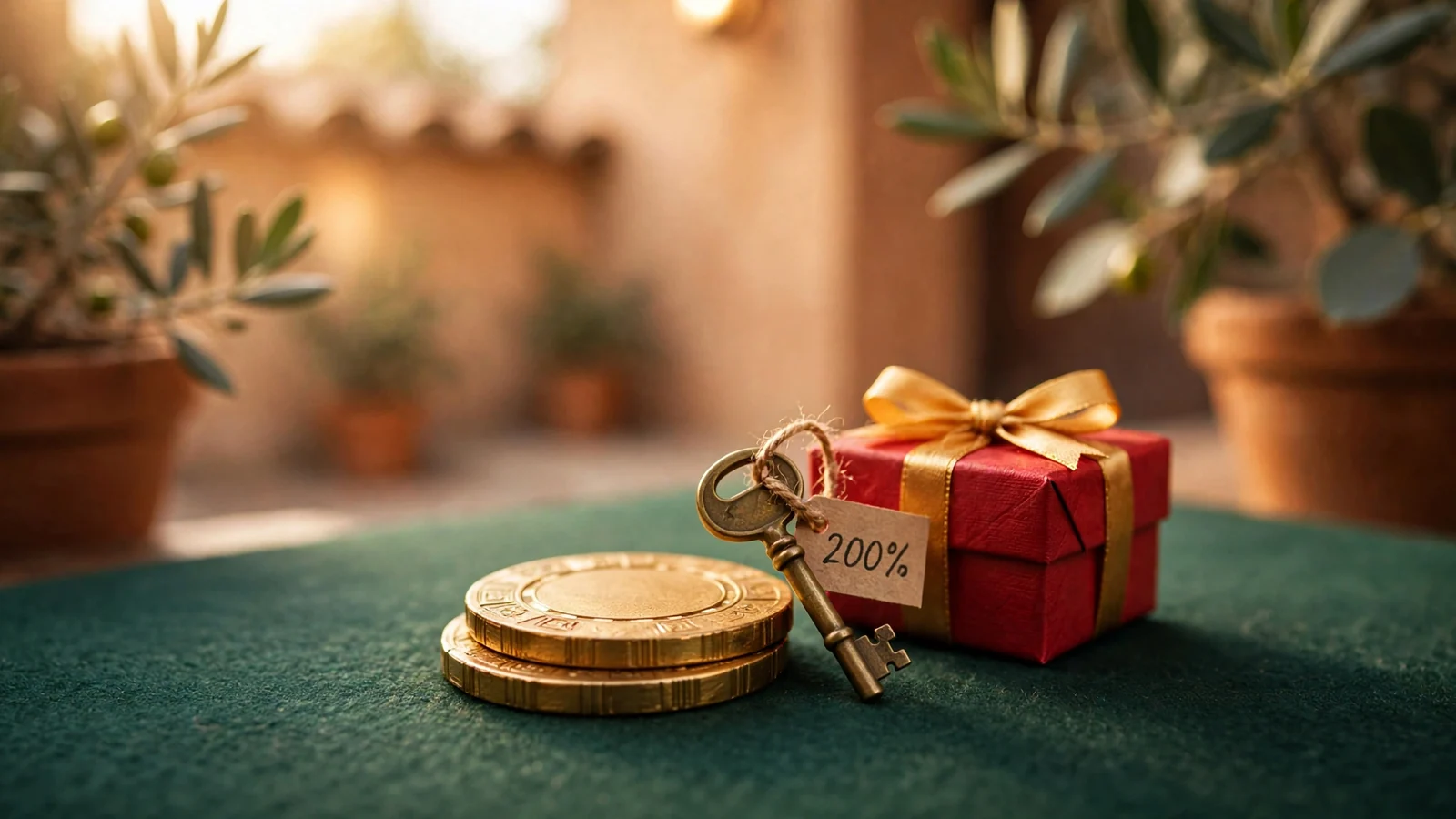 Fichas doradas junto a una caja de regalo que simboliza el bono del 200%