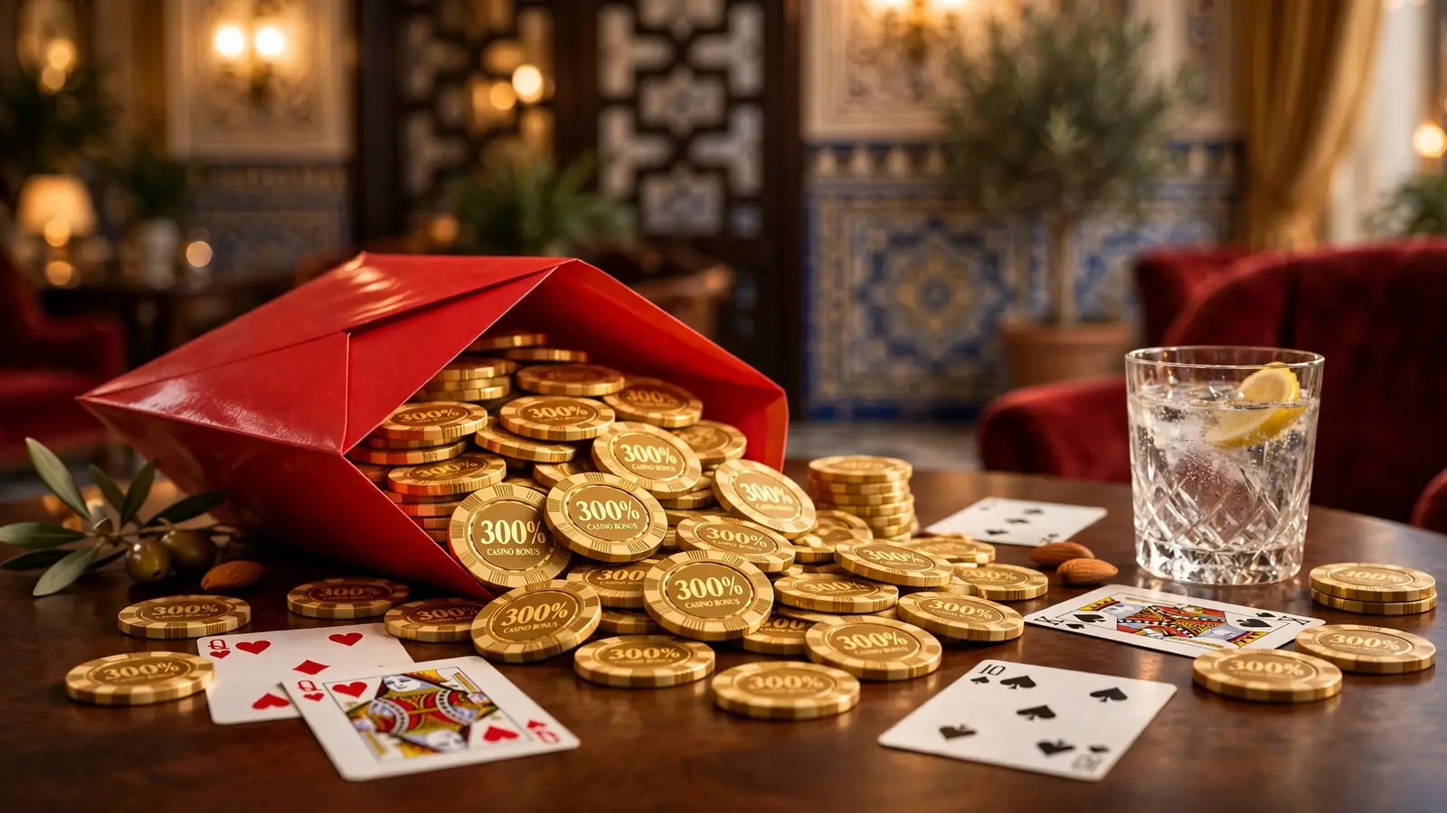 Bono de casino del 300% con fichas doradas y sobre rojo