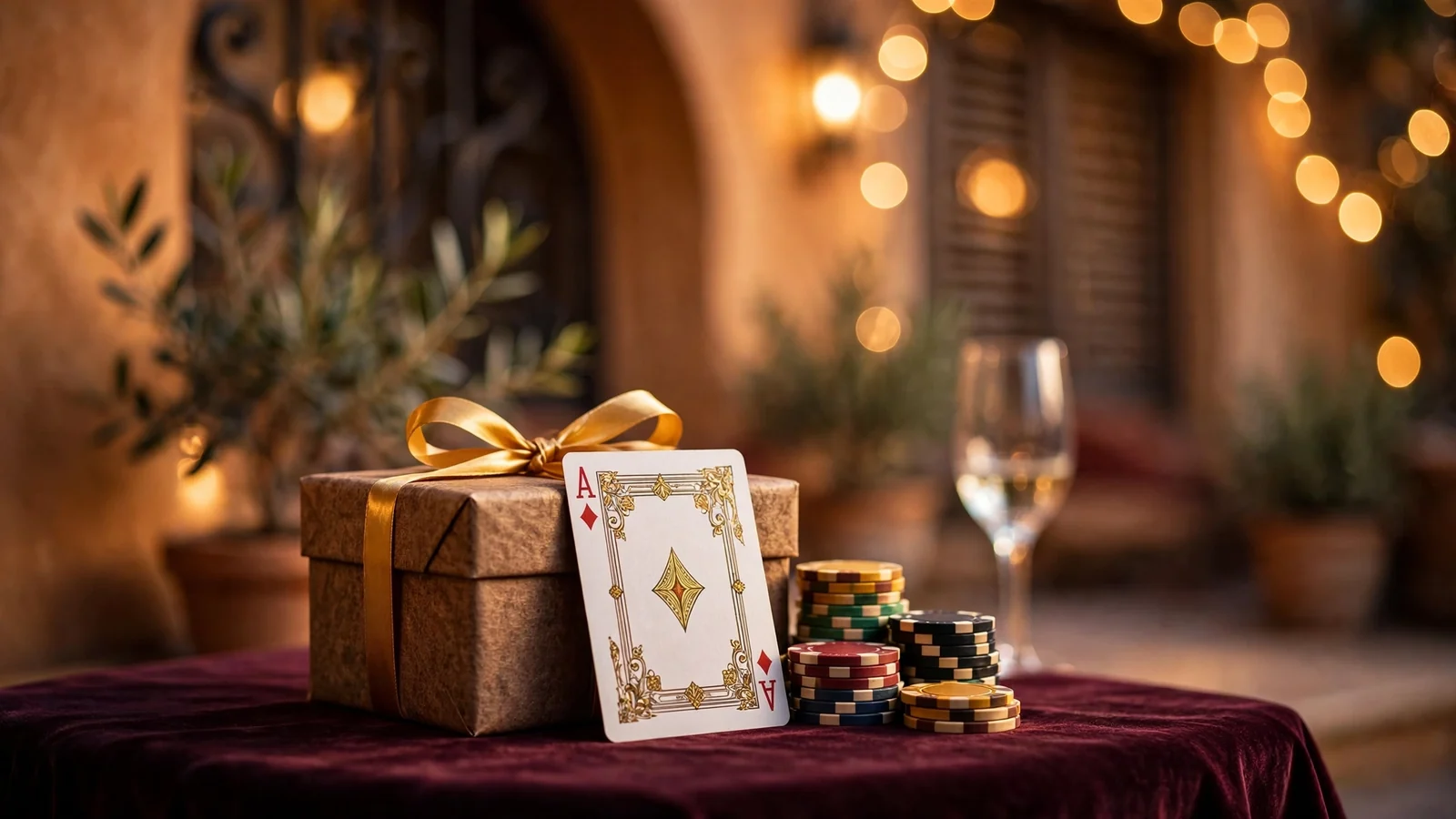 Caja de regalo con fichas de casino y una carta sobre mesa de cumpleaños