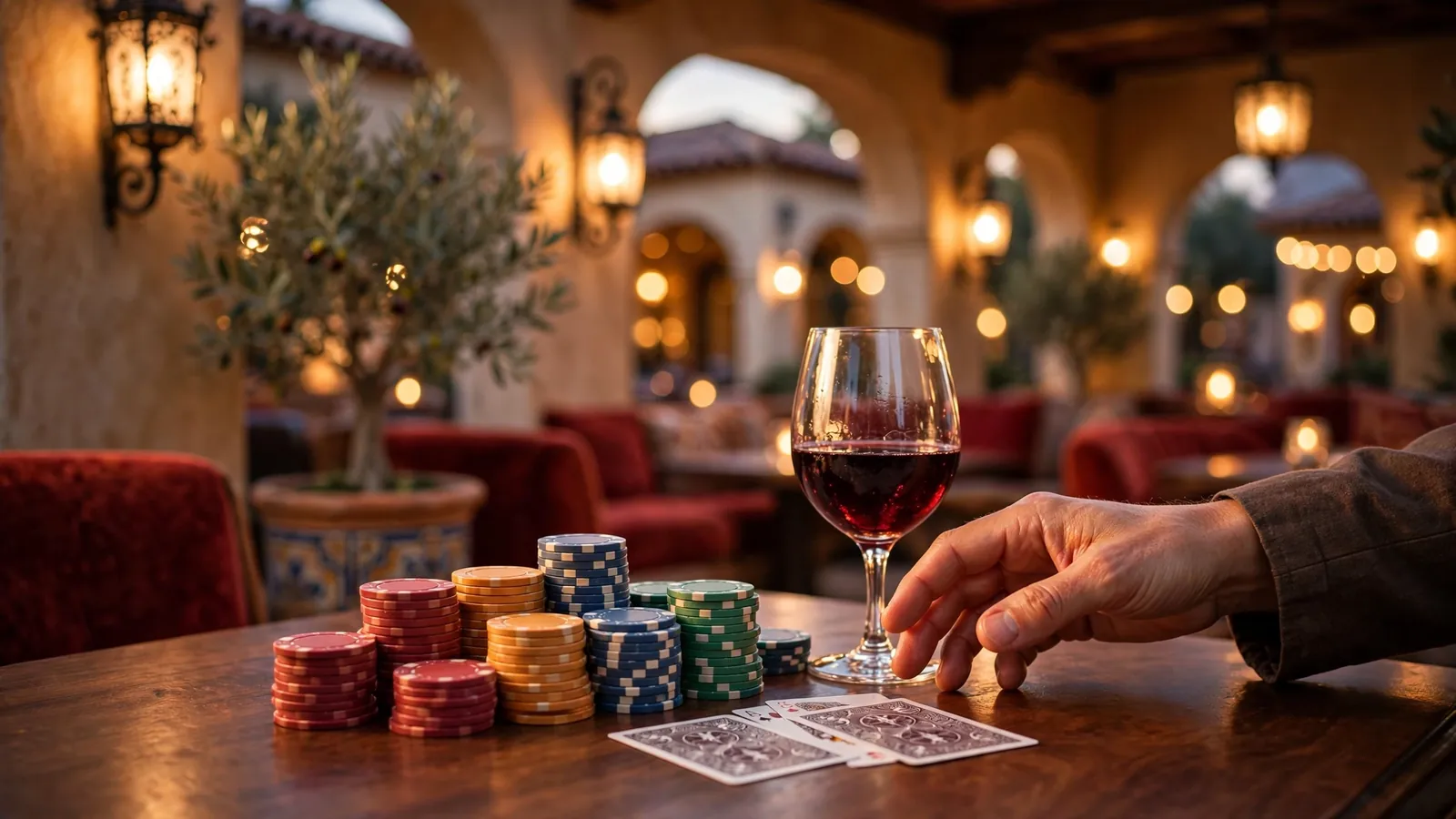 Mesa de casino con fichas de colores y cartas, iluminación dorada cálida
