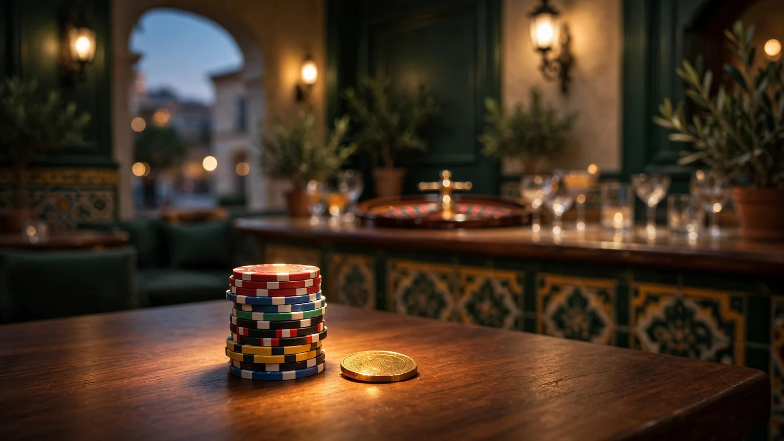 Fichas de casino iluminadas sobre mesa de madera con luz dorada