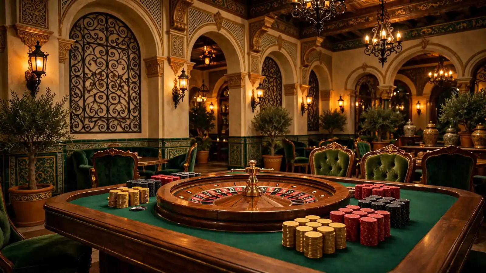 Mesa de ruleta con fichas doradas en lujoso salón de casino estilo español