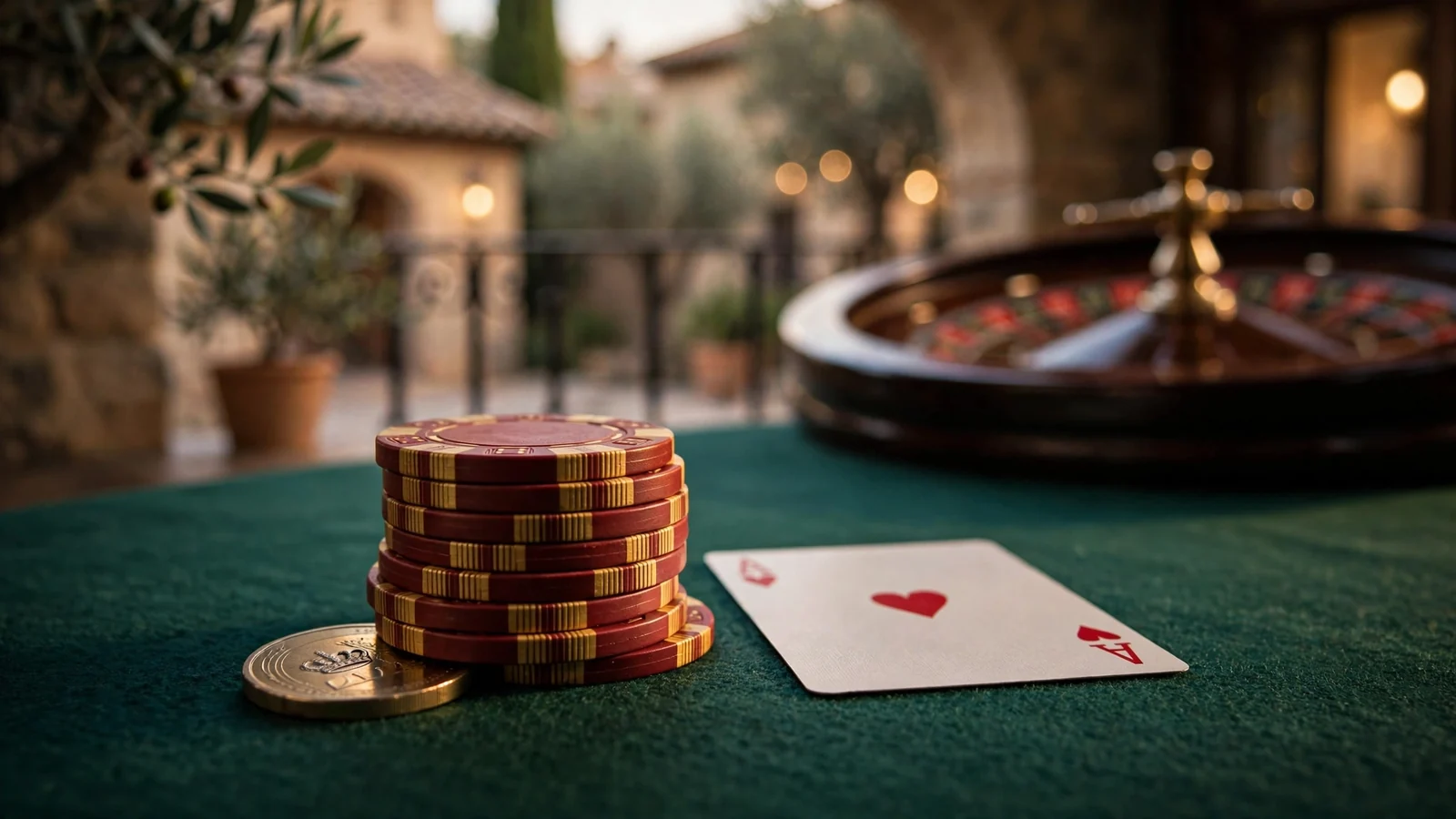 Apuesta de casino en mesa verde con fichas y carta, simbolizando bono de reembolso