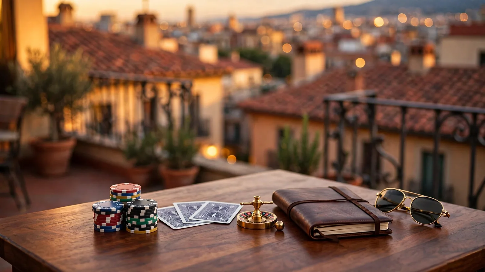 Mesa con fichas de póker y cartas en terraza con skyline nocturno de Barcelona