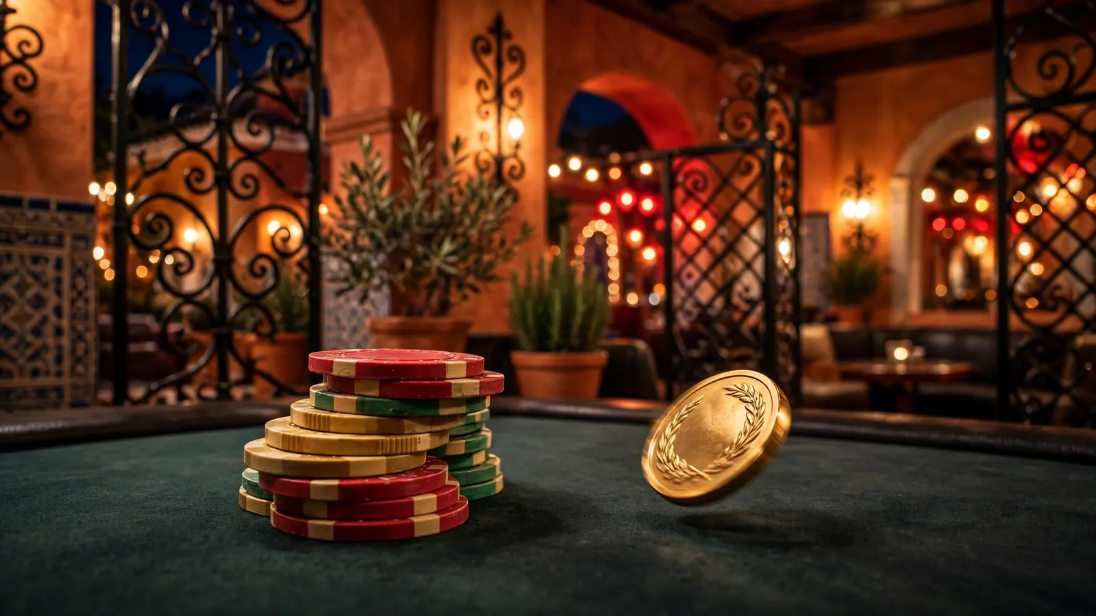Mesa de casino con fichas de colores y moneda dorada brillando con luces ambientales