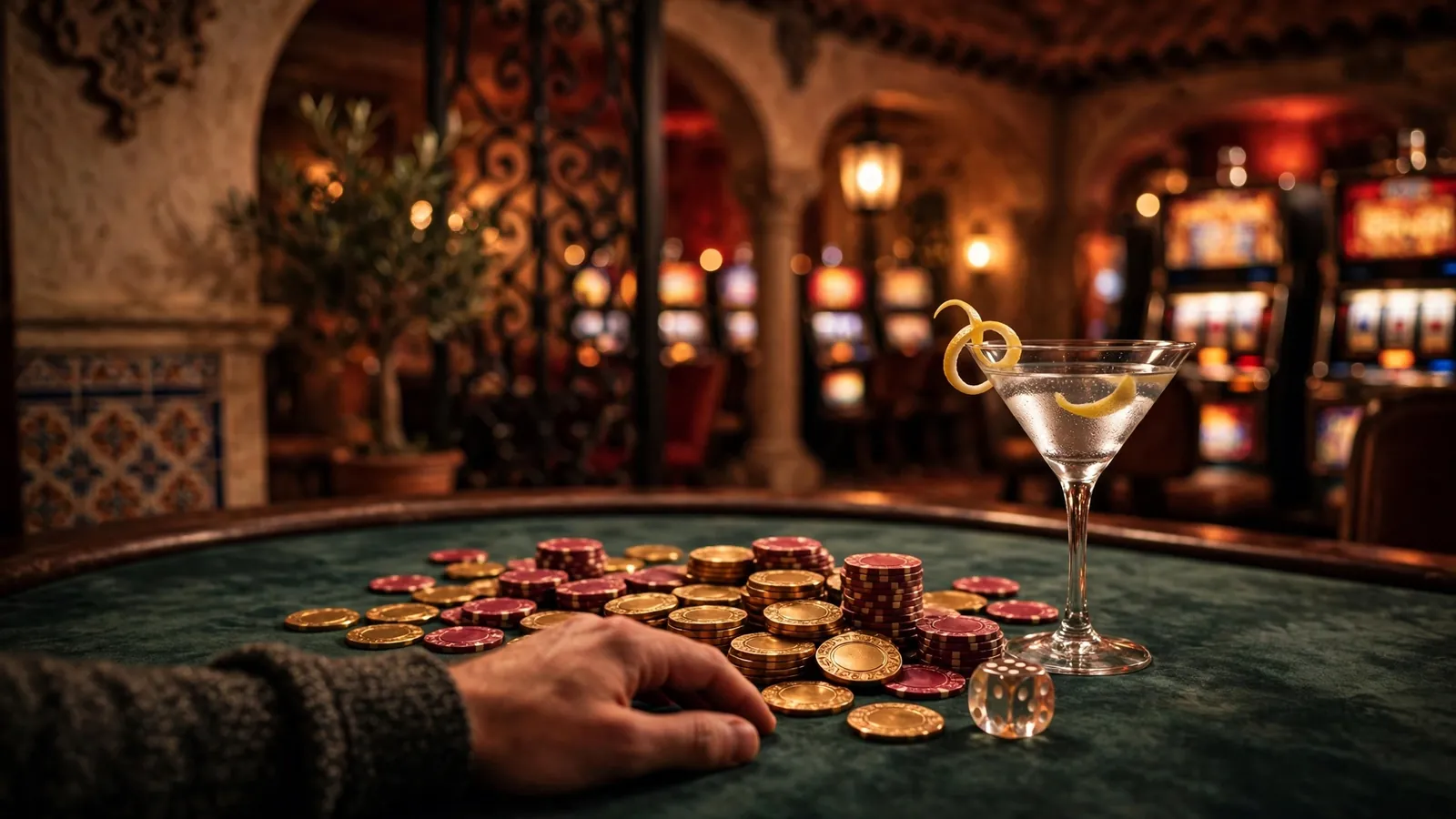 Ambiente de casino elegante con fichas doradas y dados sobre mesa de terciopelo