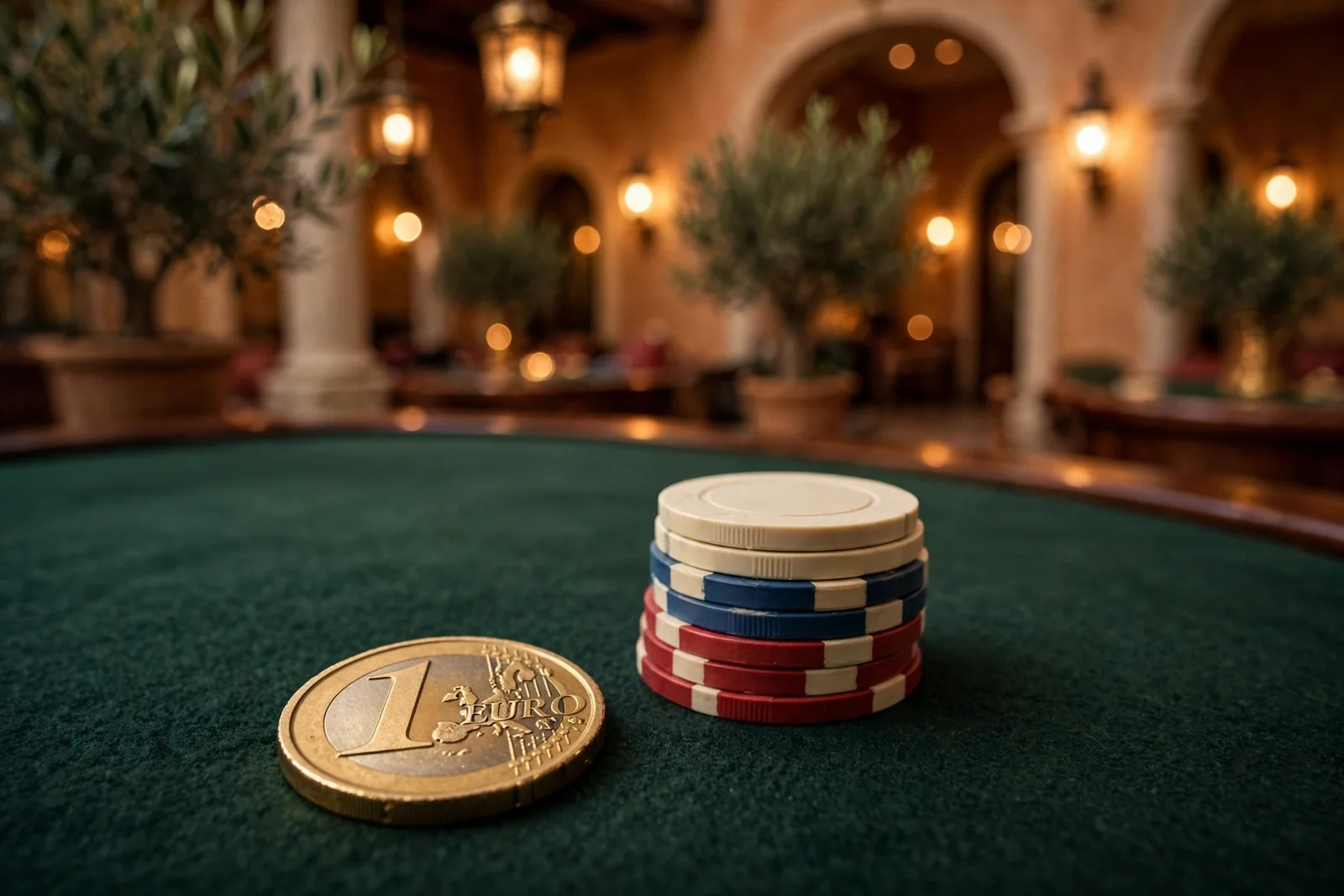 Moneda de un euro sobre tapete verde con fichas de casino