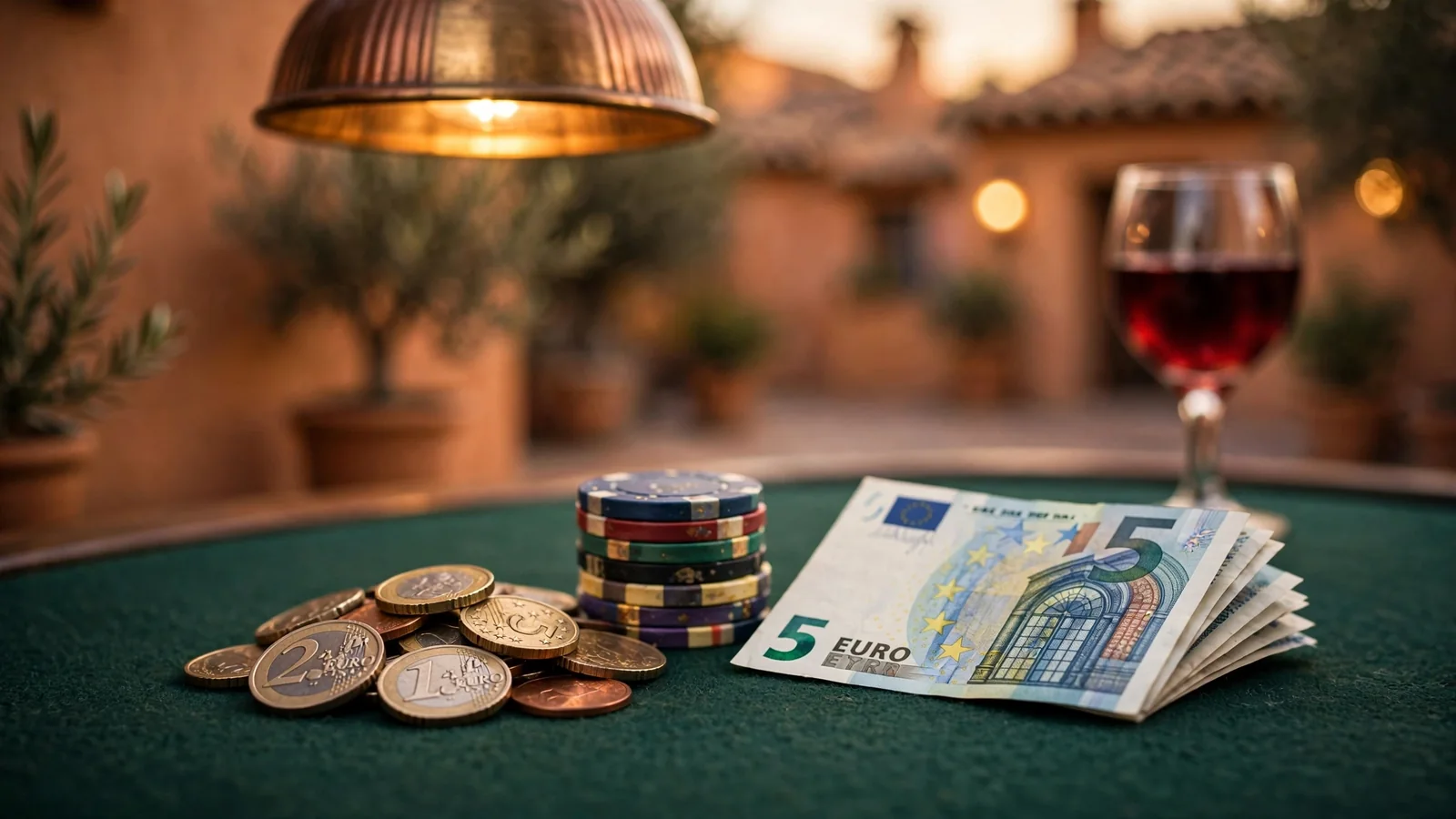 Monedas y fichas de casino sobre tapete verde con un billete de cinco euros