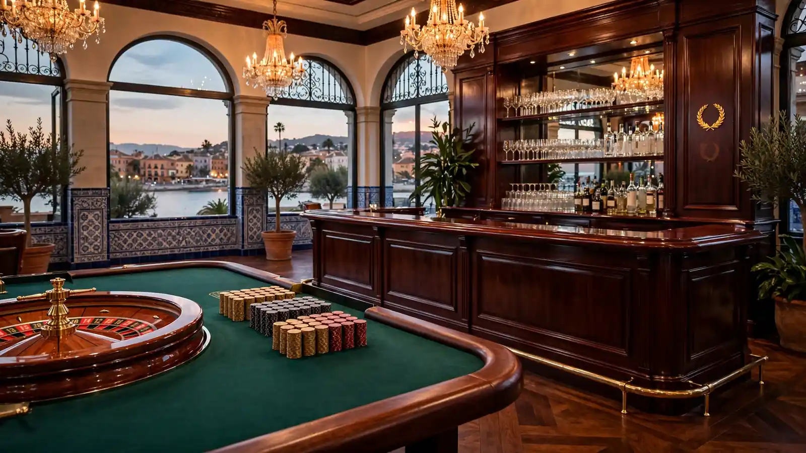 Elegante mesa de ruleta en un casino con licencia, iluminación cálida y ambiente sofisticado.