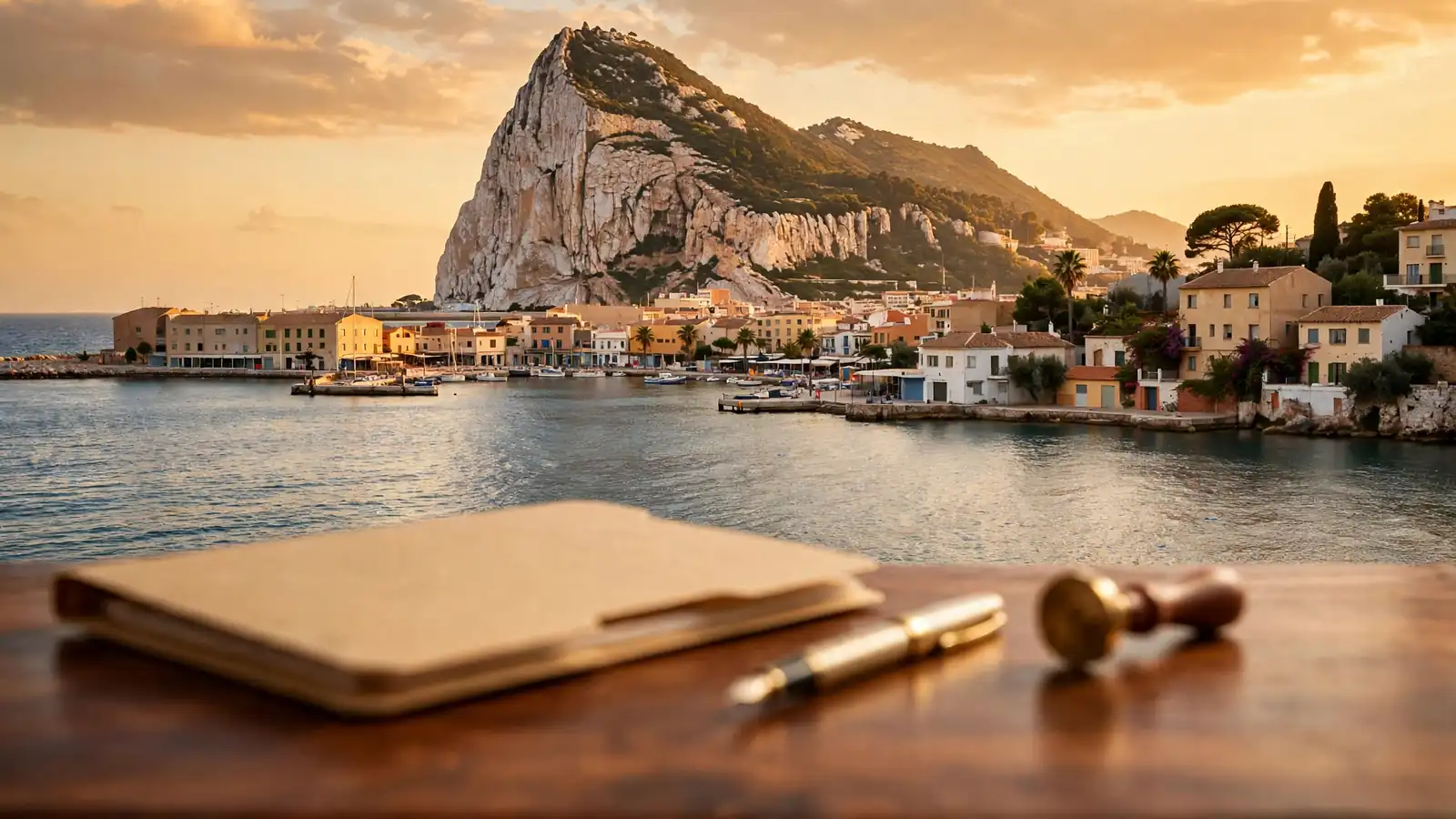 Peñón de Gibraltar al atardecer con un escritorio con documentos oficiales en primer plano.