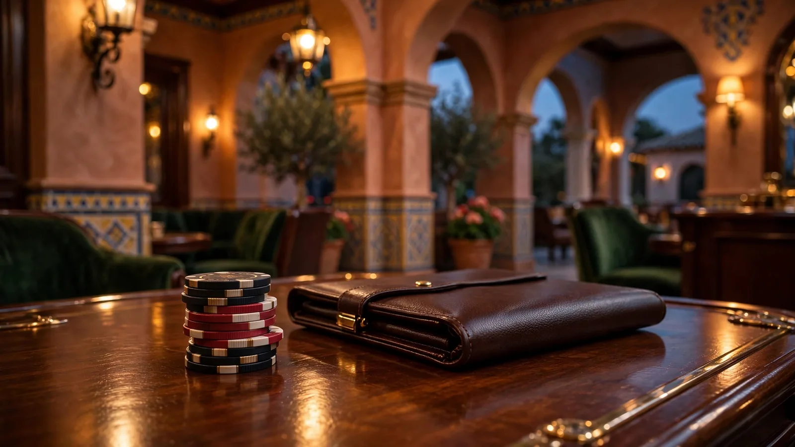 Salón de casino exclusivo español con fichas y portafolio cerrado sobre mesa.