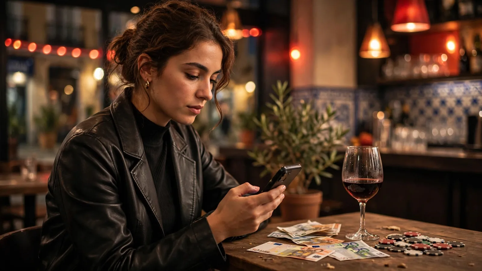 Adulto con smartphone y fichas de casino en un bar español moderno