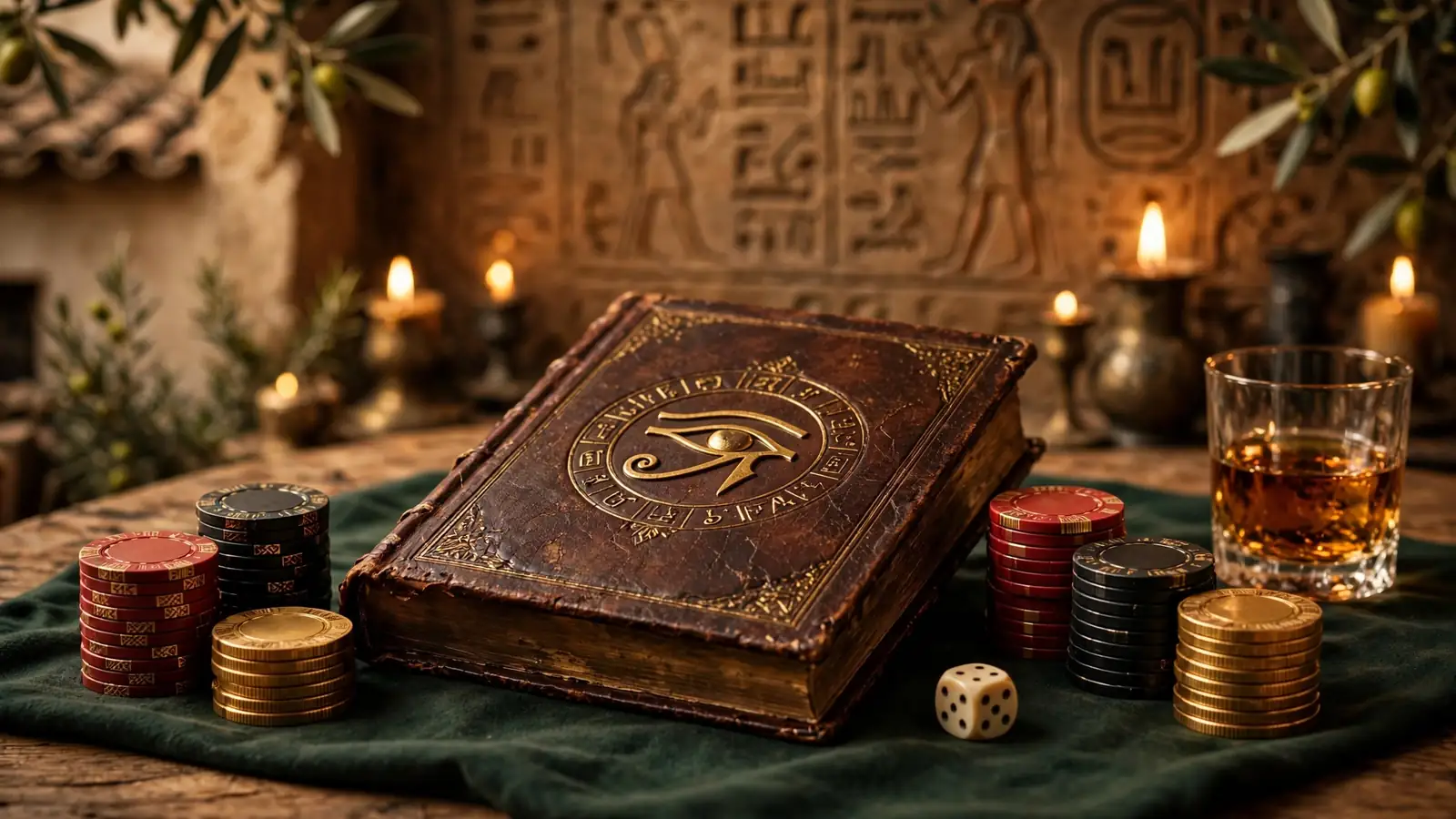 Libro dorado egipcio con fichas de casino sobre tapete verde, velas e iluminación cálida
