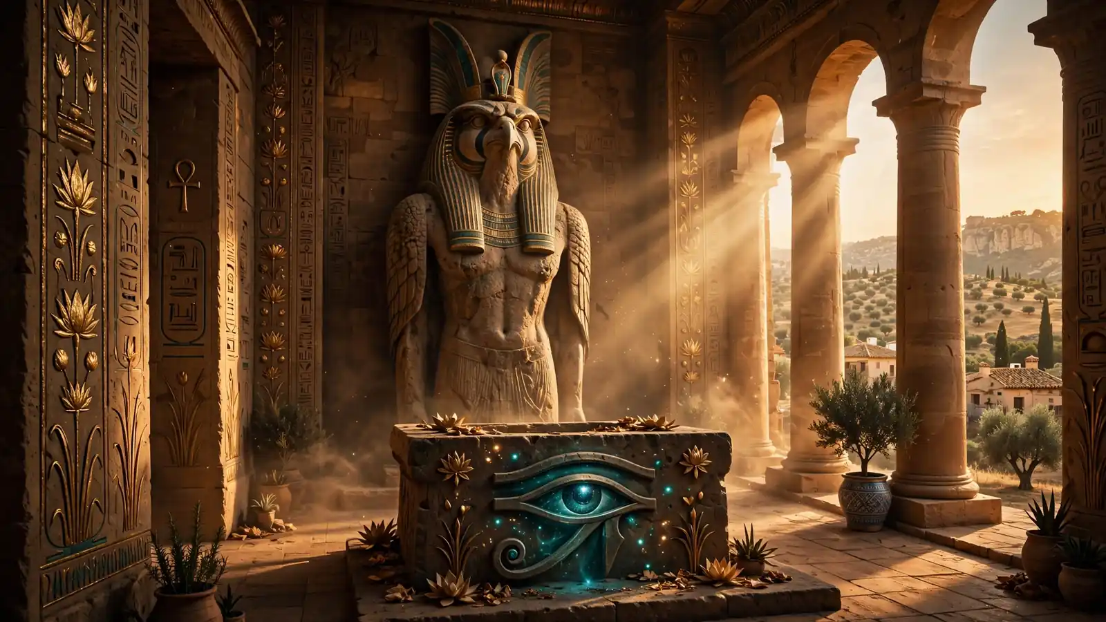 Templo egipcio antiguo con estatua del dios Horus iluminada por luz dorada