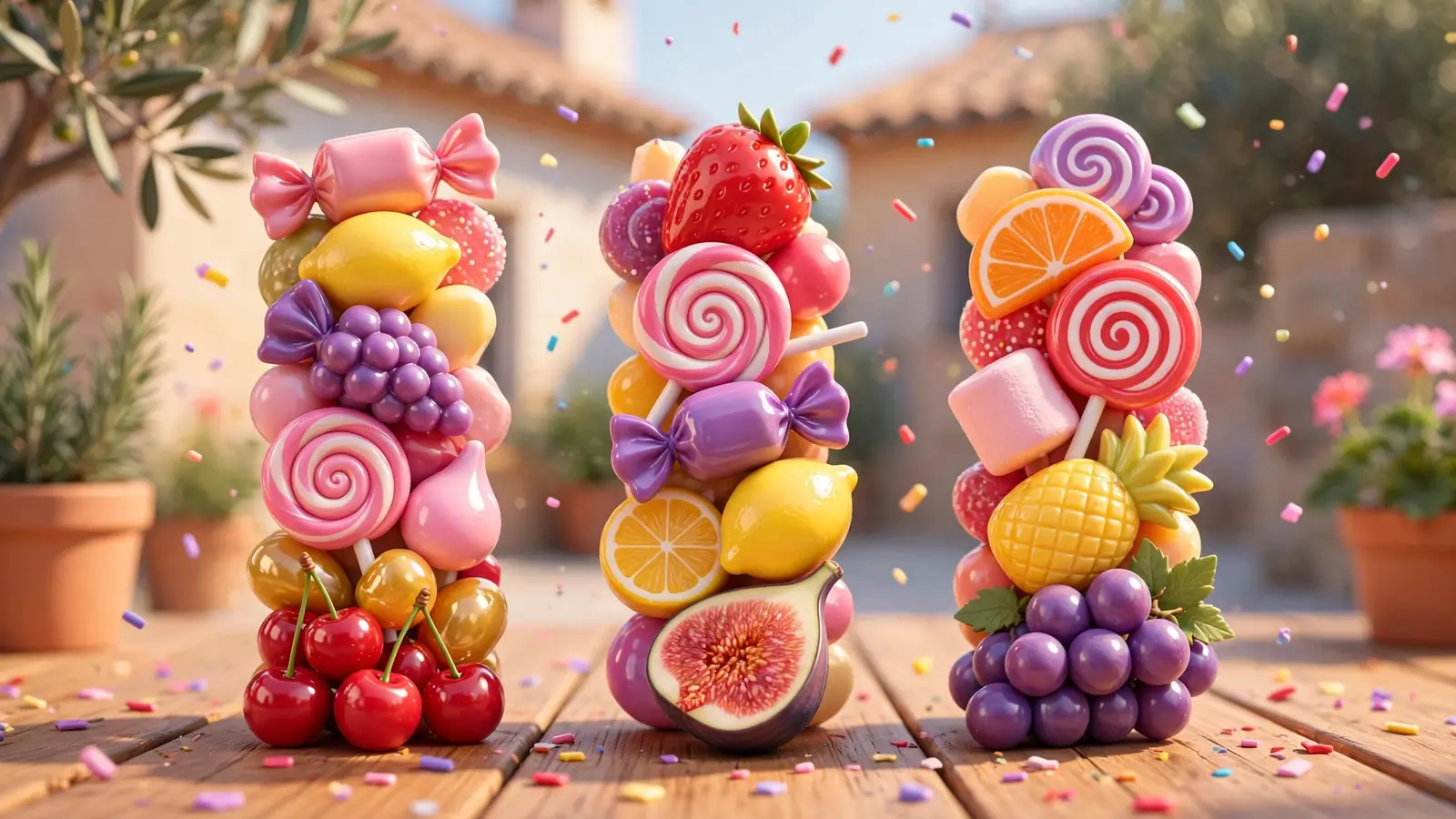 Colorida ilustración de caramelos y frutas brillantes evocando los carretes de una tragaperras dulce.