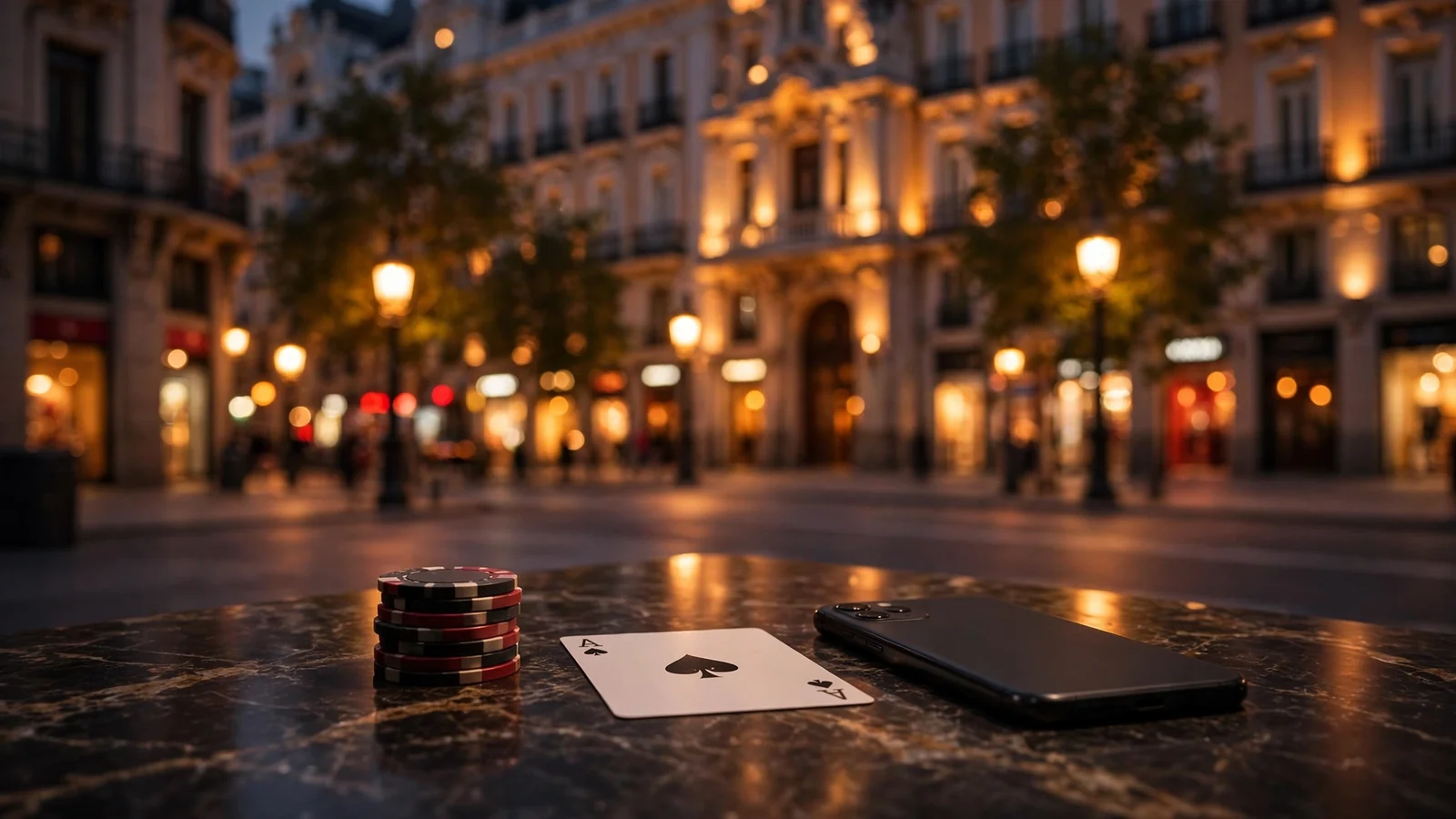 Mesa de mármol con fichas de casino y vista nocturna de Madrid
