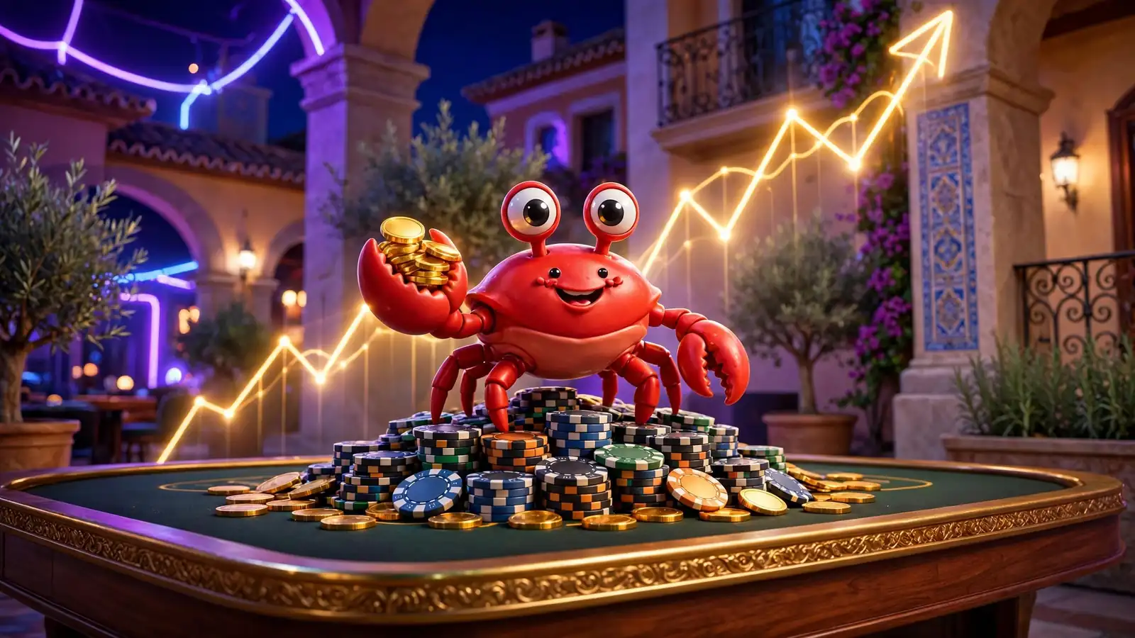 Crab mascota con monedas junto a fichas de casino y luces neón