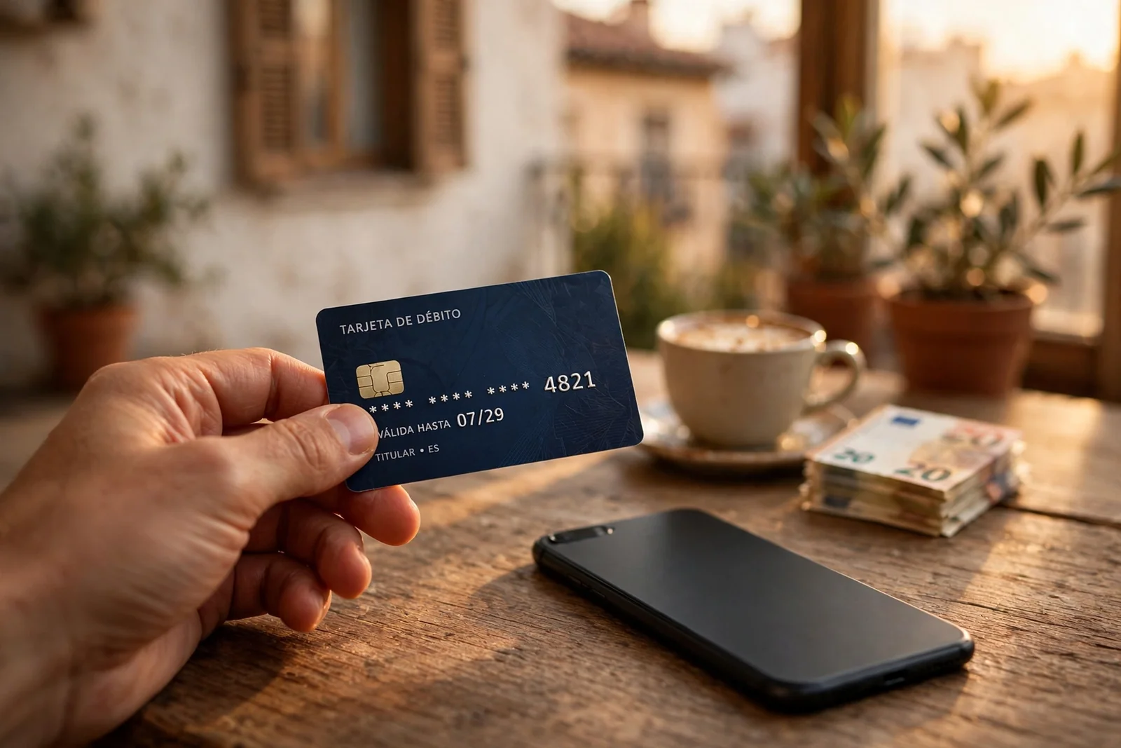 Mano sosteniendo tarjeta bancaria española junto a smartphone apagado en mesa soleada