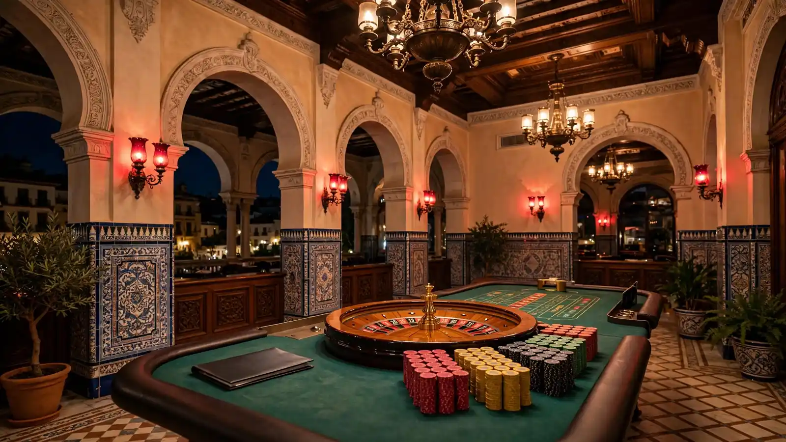 Interior elegante de un casino en España con mesa de ruleta y carpeta de licencia