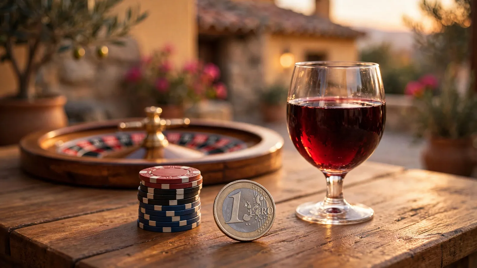 Mesa de casino con fichas, moneda de un euro y ruleta