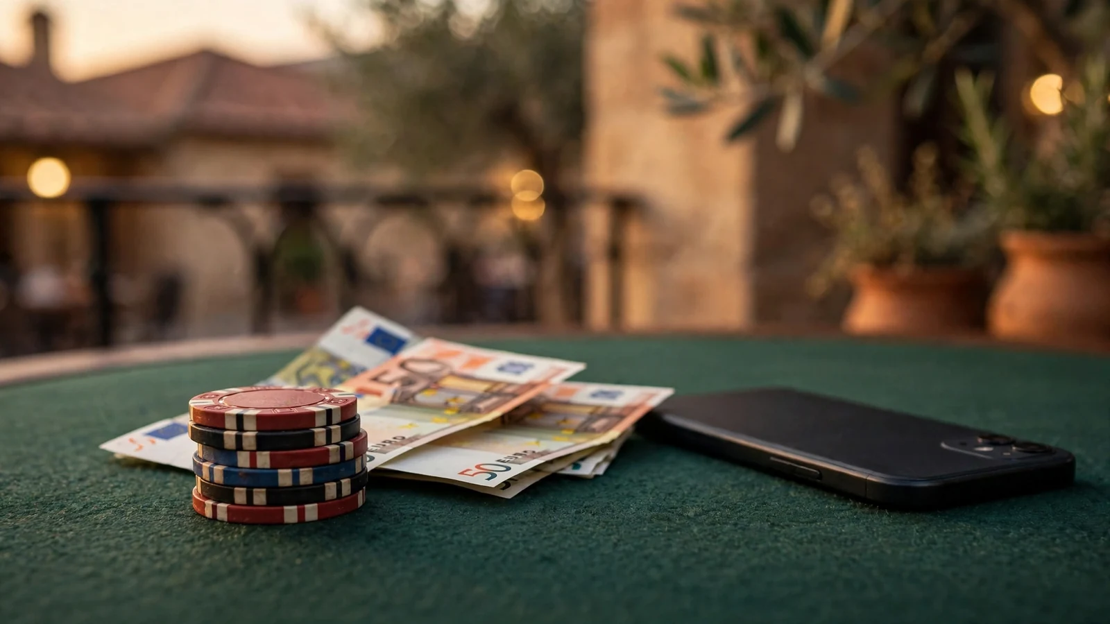 Pila de fichas de casino con billetes de diez euros sobre mesa de juego