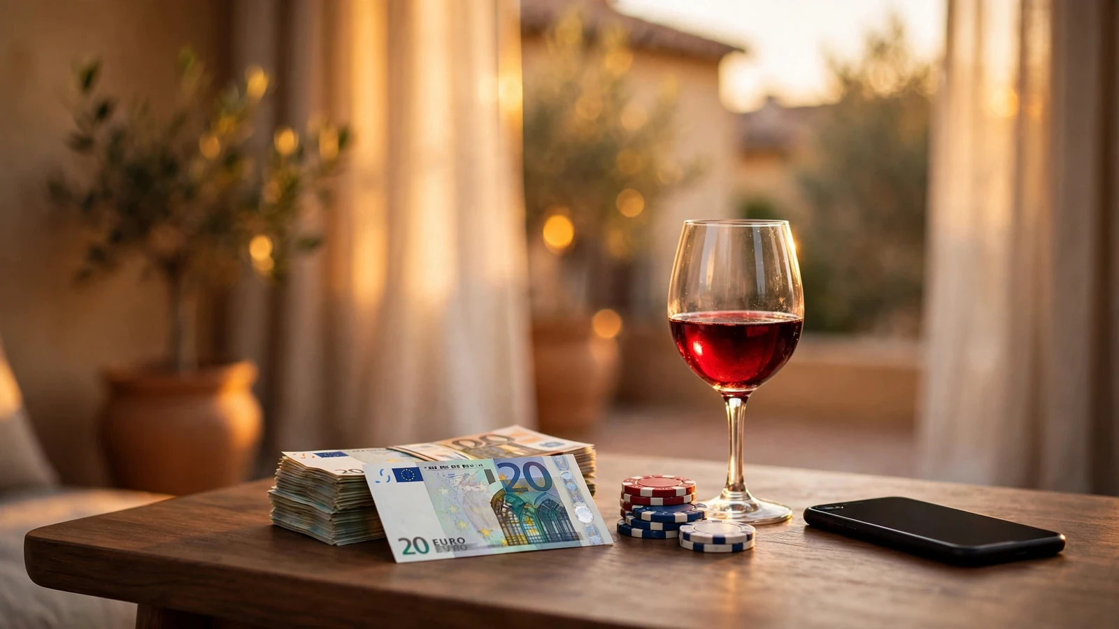 Veinte euros en billetes junto a fichas de casino y un teléfono boca abajo en una mesa española