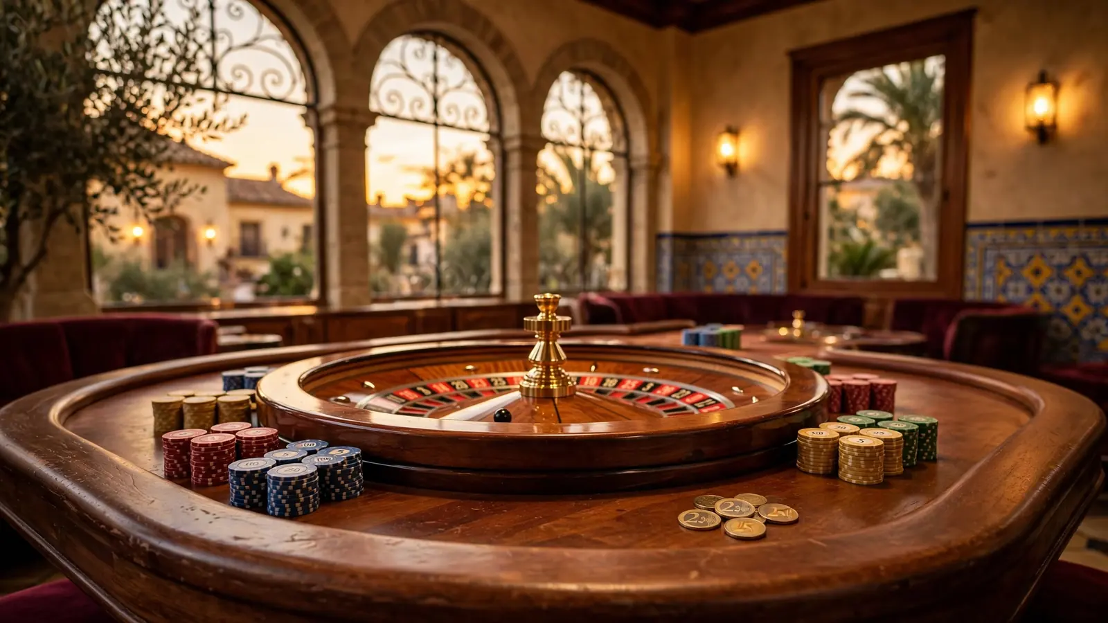 Mesa de ruleta con fichas y monedas euro en casino de estilo español