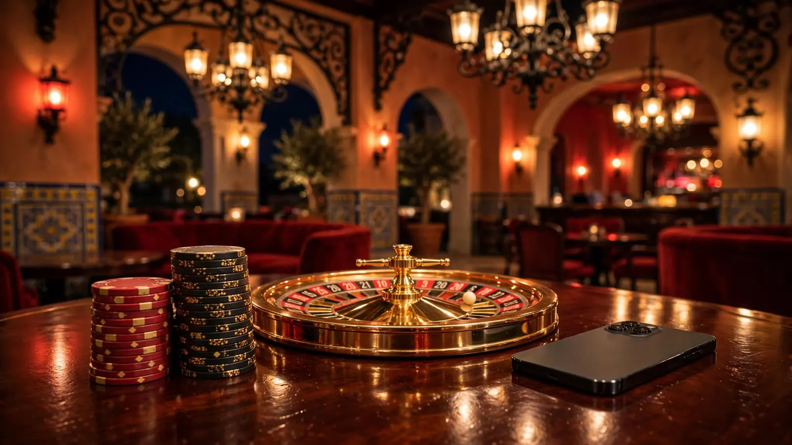 Elegante sala de casino española con fichas, ruleta y smartphone boca abajo