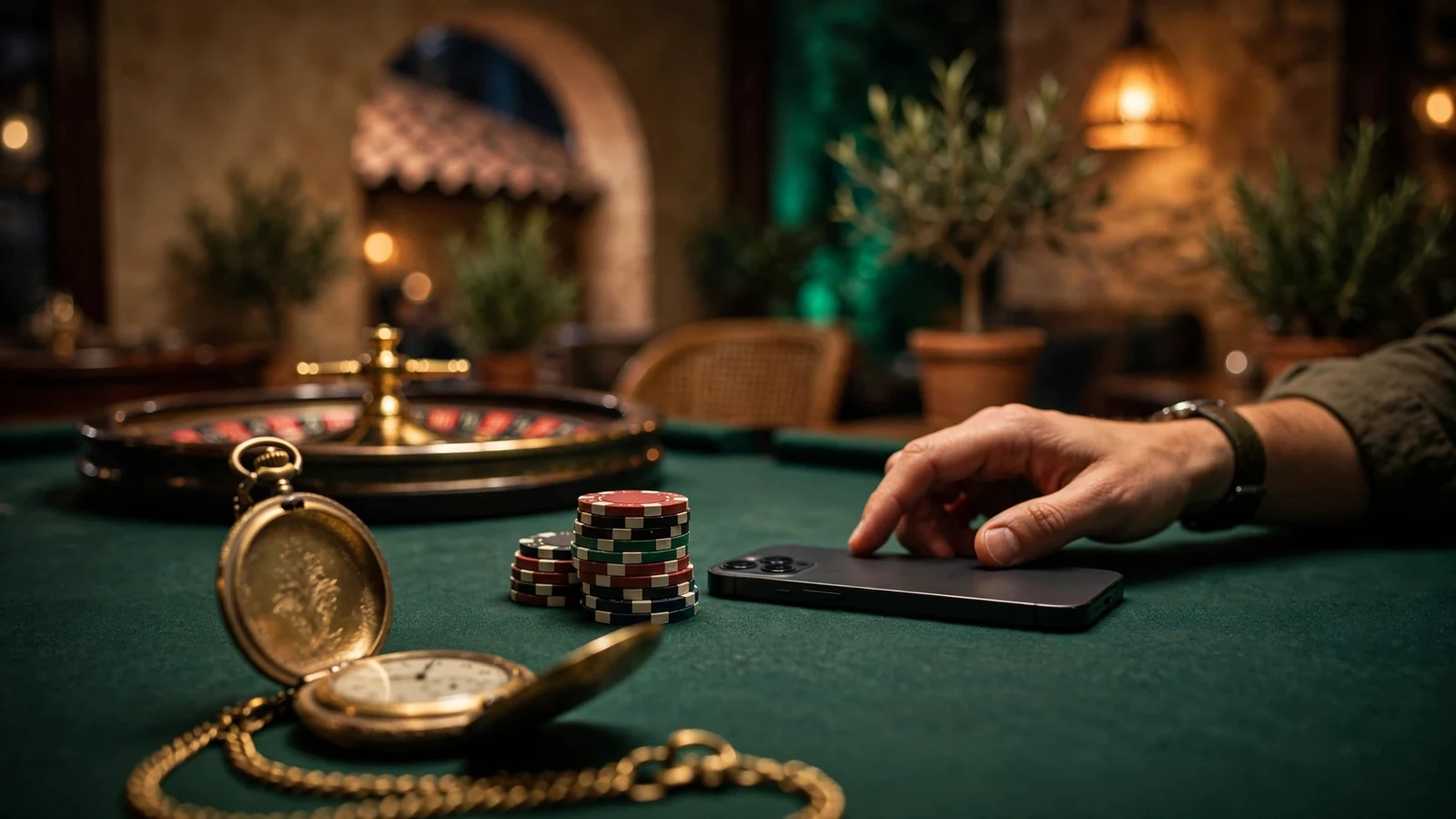 Fichas de casino, ruleta y teléfono boca abajo sobre mesa de fieltro verde con reloj de bolsillo.