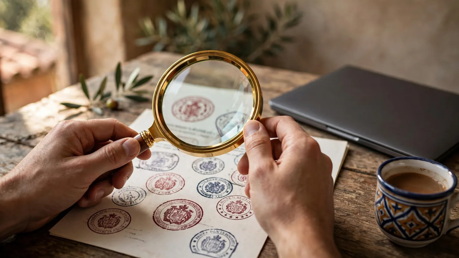 Manos examinando un documento oficial con lupa en un escritorio