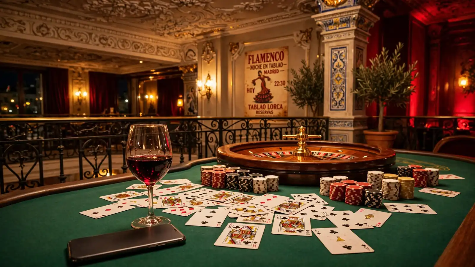 Elegante casino español con ruleta, fichas y un teléfono móvil sobre la mesa