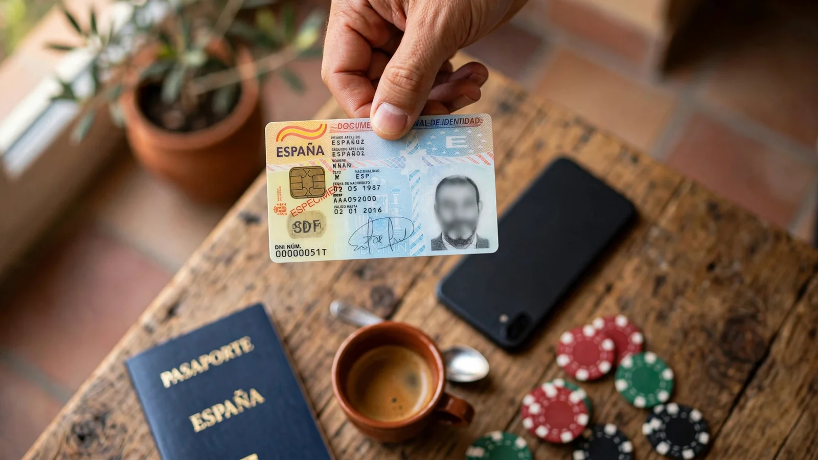 Mano sosteniendo un DNI español junto a un teléfono boca abajo y fichas de póker en una mesa