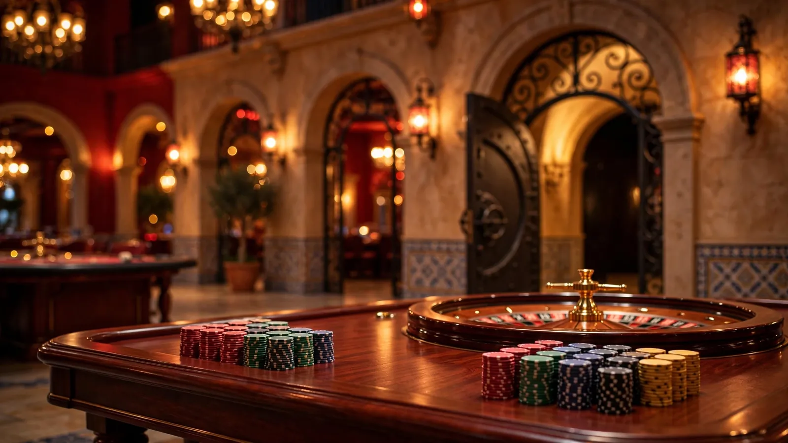 Sala de casino de lujo con fichas de póker y ruleta bajo luz dorada