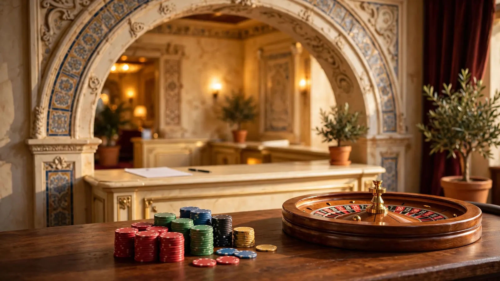 Salón elegante de casino con ruleta, fichas y arco español iluminado