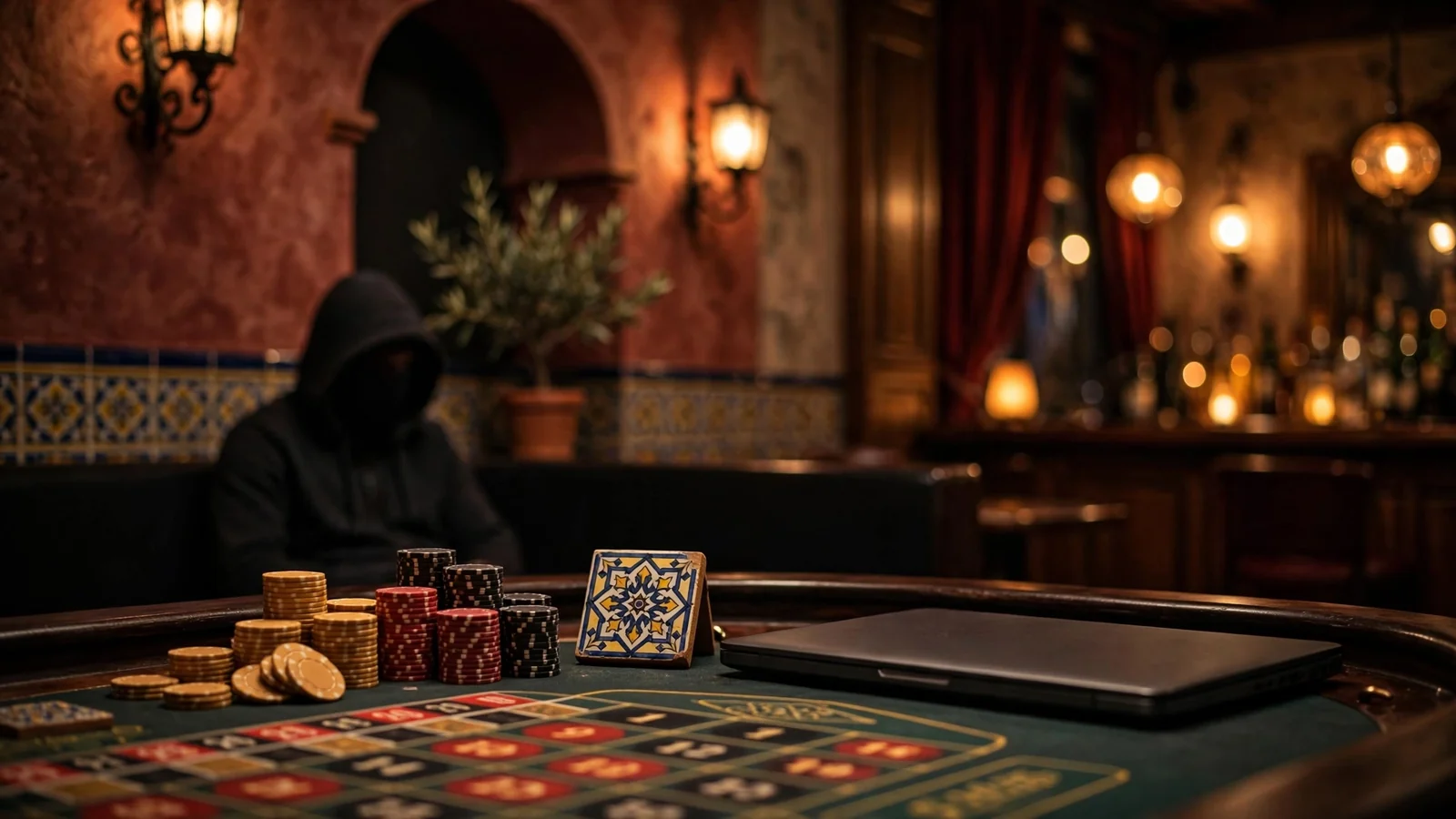 Sala de casino española con ruleta, fichas y portátil cerrado bajo luz tenue