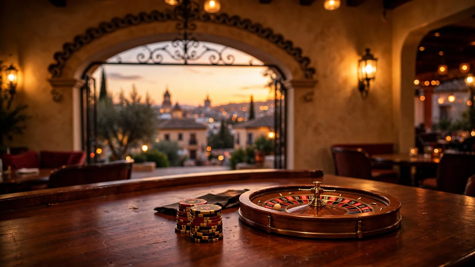Salón de casino español con fichas y ruleta