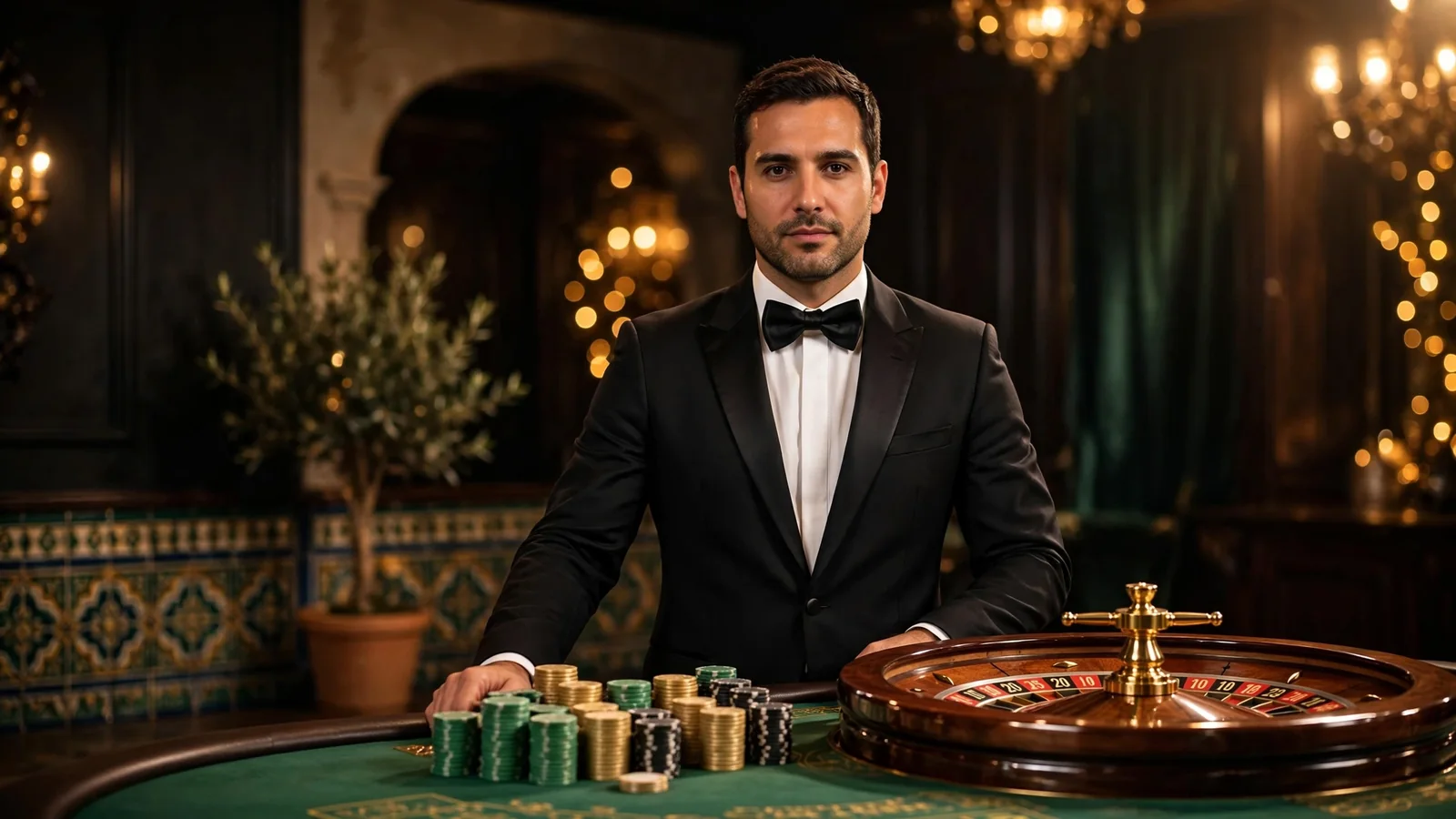 Crupier de casino en vivo en estudio elegante con mesa de ruleta y fichas