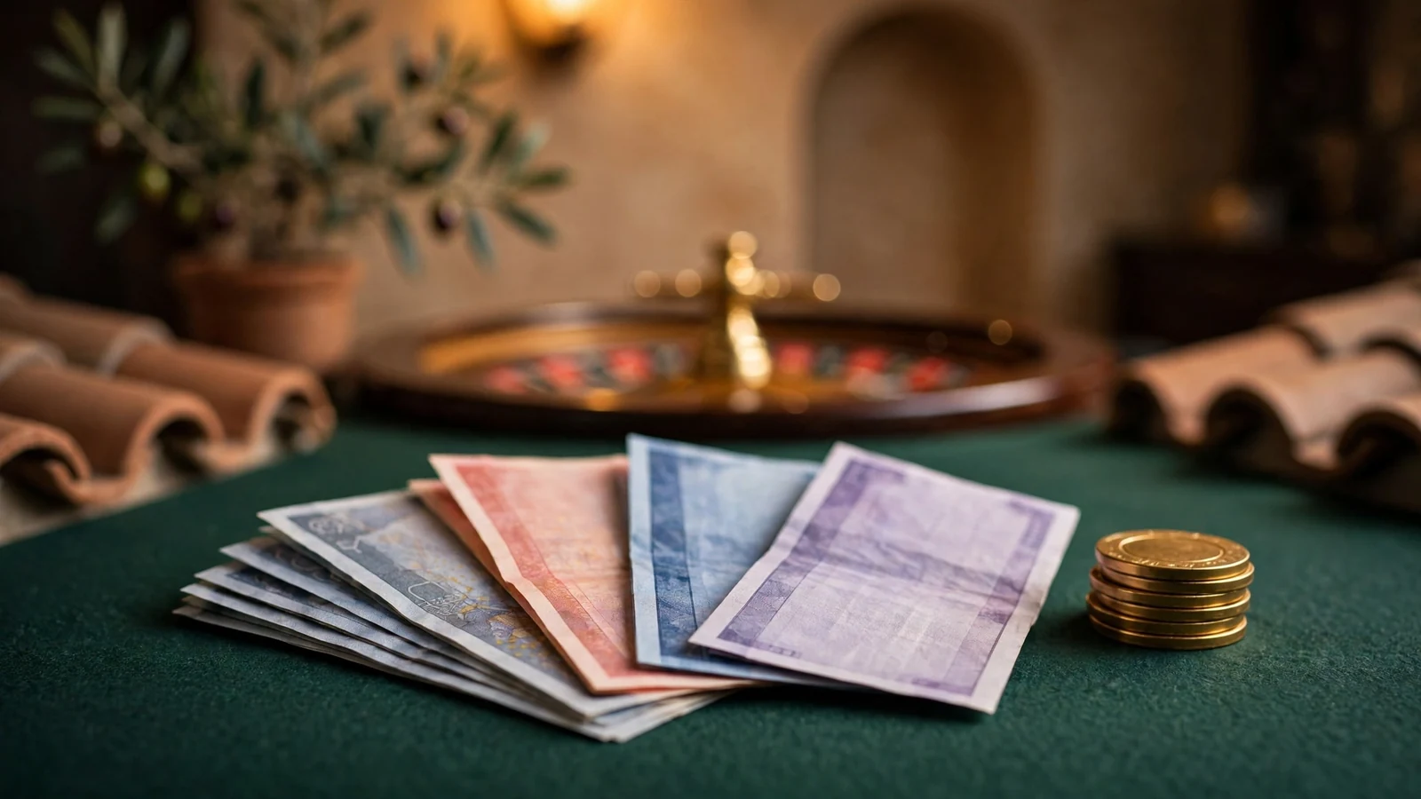 Billetes de euro y fichas de casino sobre una mesa de juego española