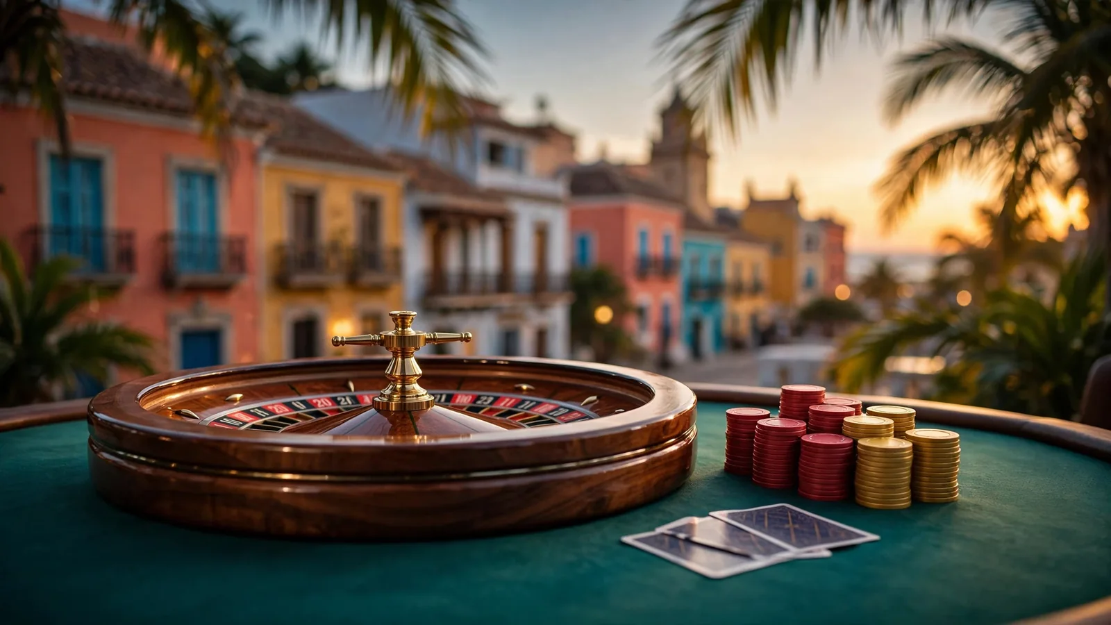 Mesa de casino con ruleta de madera, fichas doradas y cartas bajo atardecer caribeño